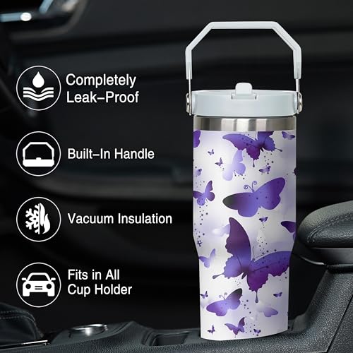 Queen Hero 30oz Butterfly Tumbler with Handle,Large Insulated Tumbler with Flip & Straw Coffee Mug Cup Stainless Steel Gifts for Women Men Youth - color: Purple white