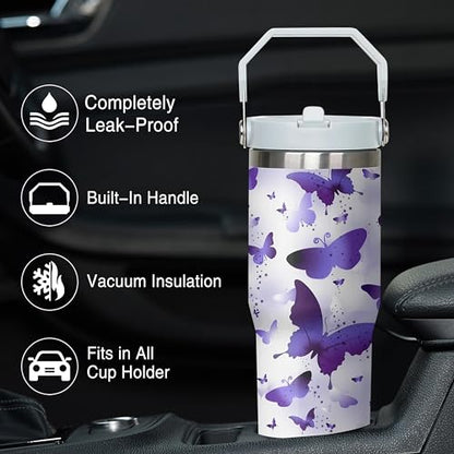 Queen Hero 30oz Butterfly Tumbler with Handle,Large Insulated Tumbler with Flip & Straw Coffee Mug Cup Stainless Steel Gifts for Women Men Youth - color: Purple white