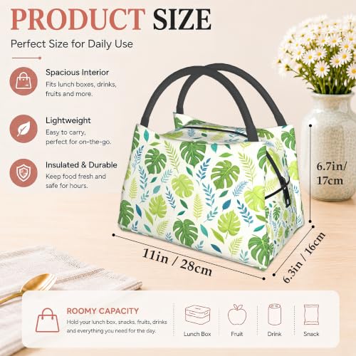 Palm Leaf Reusable Lunch Bag,Green Leaf Insulated Small Lunch Box for Kids Adult Women,Leakproof Cooler Tote Bags for Student Teacher Work Camping Picnic School - color: Palm Leaf