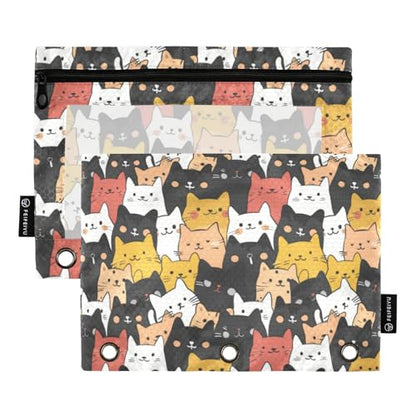 Binder Pencil Pouches, Fat Cute Cats Pattern Pencil Case with Clear Window 3 Rings Pen Case Holder Office Supplies - color: Multi-Cartoon Cute Cats