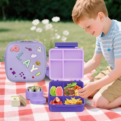 Kids Bento Box - 4 Compartment, Leak-Proof, with Soup Thermo | 9oz Soup Thermo Included, Insulated Lunch Bag, For Boys & Girls, School & Travel - color: Play-Purple