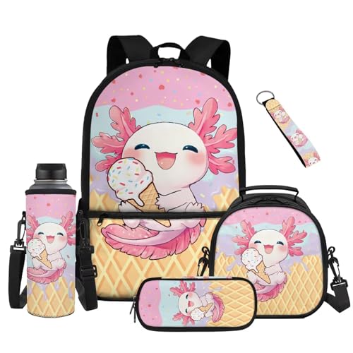 Cartoon Axolotl 5 Piece Kids Backpack Set with Lunch Bag Pencil Case and Bottle Holder School Backpack for Elementary Middle School Students - color: Cartoon Axolotl