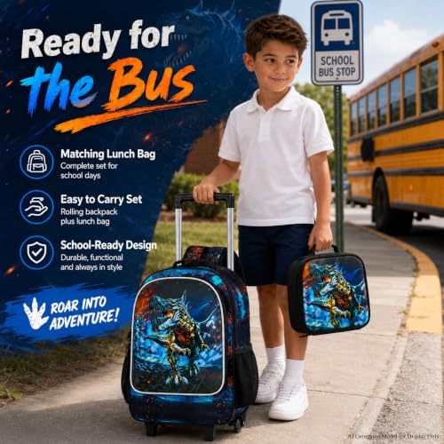 CCJPX 3PCS Dinosaur Rolling Backpack for Boys,Kids Backpacks with Roller Wheels, Wheeled Bookbag with Lunch Box for Toddler Elementary School-Black - color: Black Dinosaur