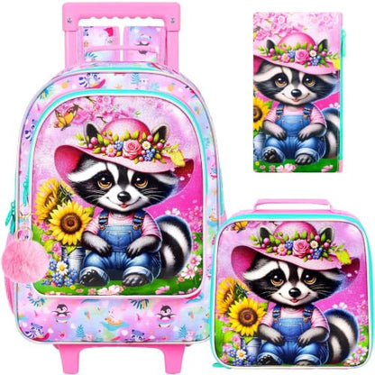 gxtvo Girls Rolling Backpack, Cute Raccoon Roller Wheels Kids Bookbag - Wheeled Elementary School Bag - 3PCS Raccoon - color: Uv Printing Raccoon Pink Rolling Backpack