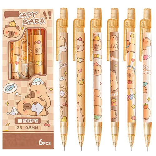 MOZXIRZ 4 Pcs Cute Mechanical Pencils with Eraser 0.5mm Cartoon Capybara Mechanical Pencil School Pencil for Boy Girl Women (6pcs Capybara) - color: 6pcs Capybara
