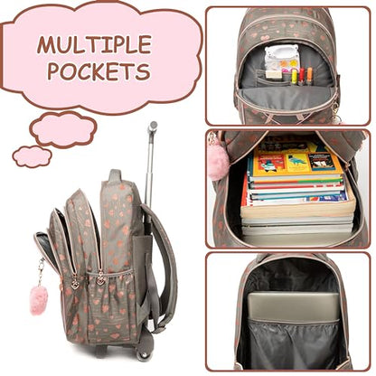 Rolling Backpack for Girls School Backpack with Wheels for Girls Cute Kawaii Travel Roller Wheeled Bookbag Backpacks for Girls with Lunchbox, Brown 01, NO2003 - color: Brown 01