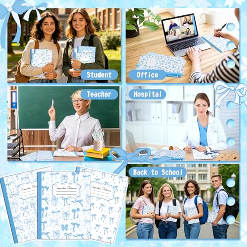 6 Pack Blue Bow Composition Notebooks, Preppy Cute Coquette Notebook,110 Page 9-3/4 x 7-1/2" Aesthetic College Ruled Journal Back to School Gifts First Day of School Favors for Teachers - color: Blue