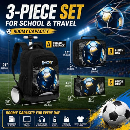 gxtvo Large Wheels & Quiet Glide | Rolling Backpack for Kids - Water-Resistant Wheeled Bag with Lunch Box for School, Travel & Outings - Black Gold Soccer - color: Rolling Backpack Gold Soccer Black