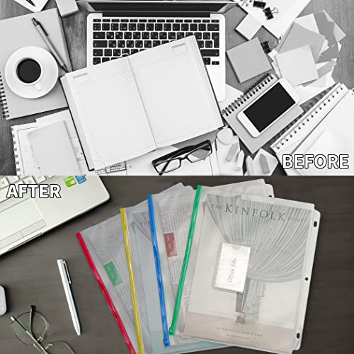YoeeJob 8 Packs 3-Hole Clear Zipper Binder Pockets, Binder Insert Pages with Card Slots Suitable for School or Office to Organize Document, Black - color: Black-8 Packs