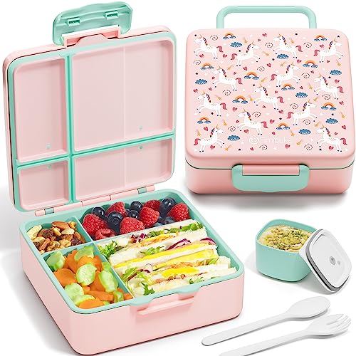 Fimibuke Bento Lunch Box for Kids, Toddler Bento Box with 4 Compartments | Leak Proof BPA Free Dishwasher Safe Lunch Container with Utensils, Ideal Portion Sizes for Ages 3-12 Girls Boys for School - color: A10. Unicorn
