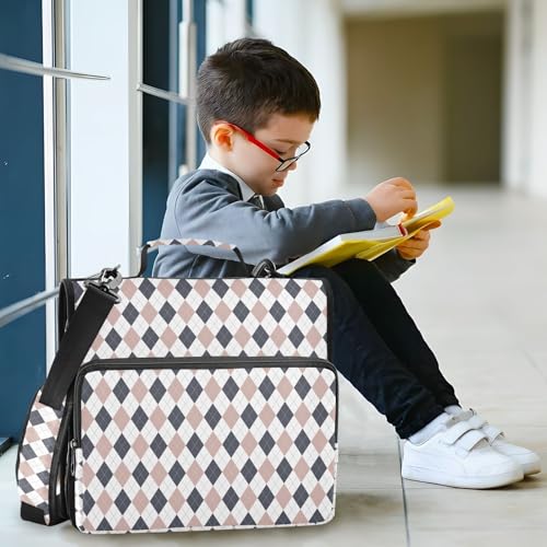 Blue Brown Diamond Checkered Plaid Striped Binder Bag 3 Ring Zipper Binders with Shoulder Strap for School Office Organizer Storage - color: Q004