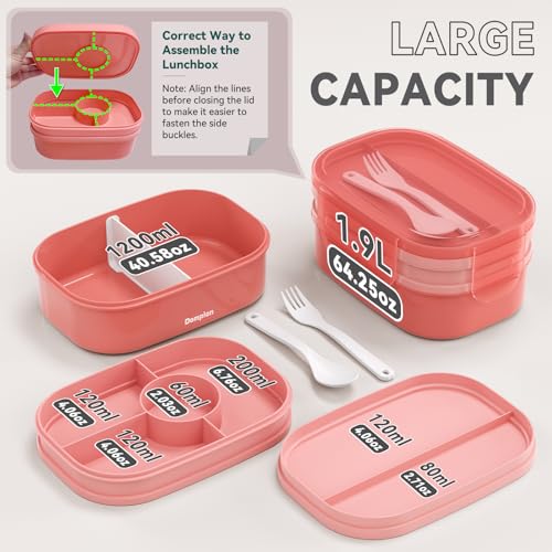 2 Layers Bento Box, All-in-One Stackable Lunch Container with Compartments, 64oz Leakproof Microwave Safe Dishwasher Safe Bento Box with Lunch Bag and Utensil Set for Kids and Adults - color: Pink