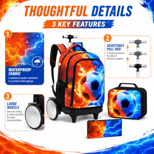 gxtvo Large Wheels & Quiet Glide | Rolling Backpack for Kids - Water-Resistant Wheeled Bag with Lunch Box for School, Travel & Outings - Fire & Lightning Soccer - color: Rolling Backpack Fire Lightning Soccer