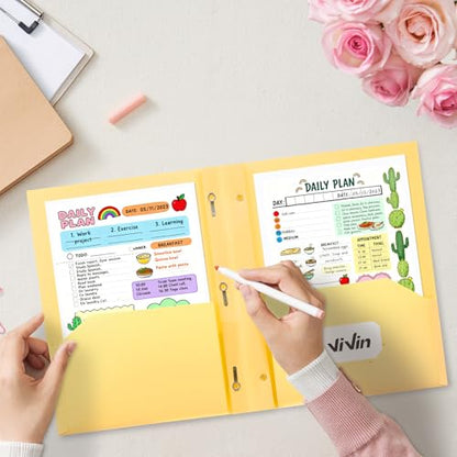 ViVin Sturdy Plastic Folder with Pockets,6 Pack,Heavy Duty Two Pocket 3 Prong Folders,Holds Letter Size Paper,File Folders with Business Card Slot for School Home and Office(Light Yellow) - color: Light Yellow, size: 6 PACK