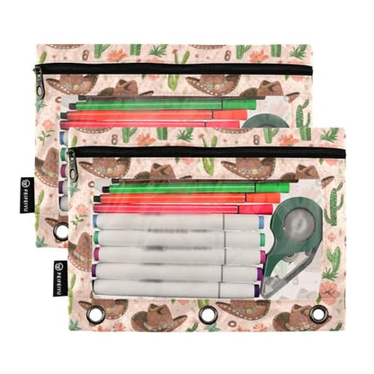 Binder Pencil Pouches Cowboy Hat and Cactus Pen Case | Clear Window 3 Rings, Cosmetic Bags School Office Supplies Cosmetic Makeup Bag 2 Psc - color: Cowboy Hat and Cactus