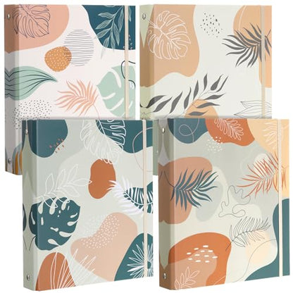 Colarr 4 Pcs Mini 3 Ring Economy Binders for 5.5" x 8.5" Paper for School, Office and Home Use, Cute Boho Leaves Small 1 Inch Round Three Ring A5 Binders with Elastic Cord, Decorative Hardcover - style: Boho Leaves