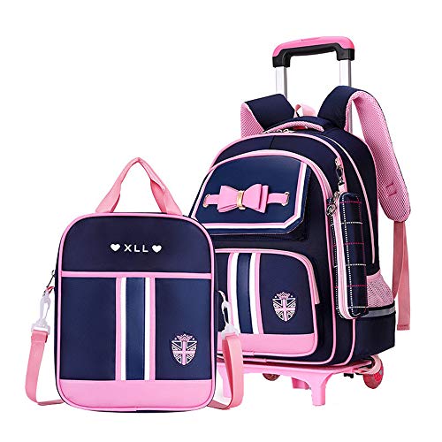 Rolling Backpack for Girls Cute Trolley Bags Primary School Bookbags with Wheels Kids Carry-On Wheeled Backpack with Lunch Bag - color: 3pcs 2 Wheels Dark Blue, style: 2 Wheels Trolley + Backpack Sets