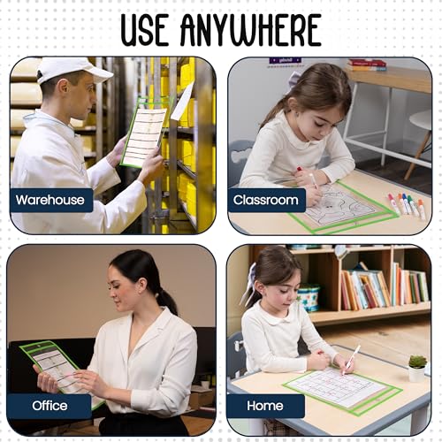Essex Wares - 6 Pack, Green, Dry Erase Pocket Document Protectors, 10" Wide x 13.5" Tall - Dry Erase Clear Plastic Sleeves - Reusable & Easy Erase Plastic Invoice Holders, Water-Resistant & Durable - color: Green