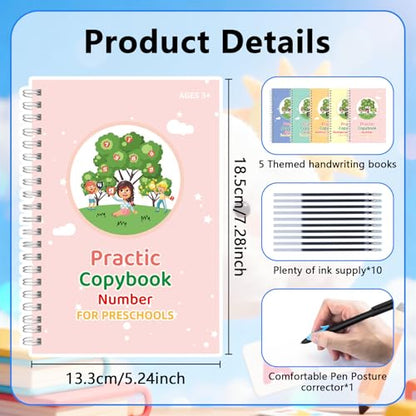 Magical Handwriting Workbooks, Handwriting Practice Magic Copybook for Preschool Learning Activities, Grooved Handwriting Practice for Kids Ages 3-5, Reusable Copybook Grooves Template Design - color: 5 Books