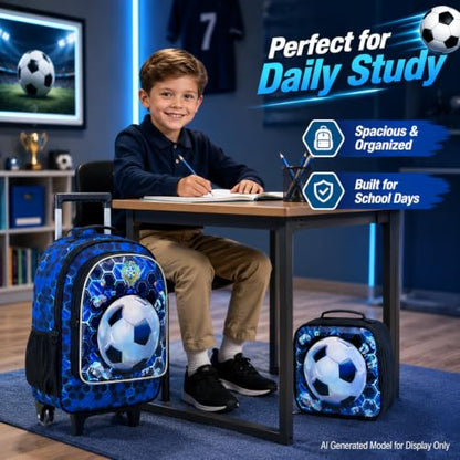 CCJPX 3PCS Soccer Rolling Backpack for Boys, Roller School Bookbag with Lunch Box, Football Water Resistant Wheeled Backpacks for Teens Elementary Travel-Blue - color: Blue Football