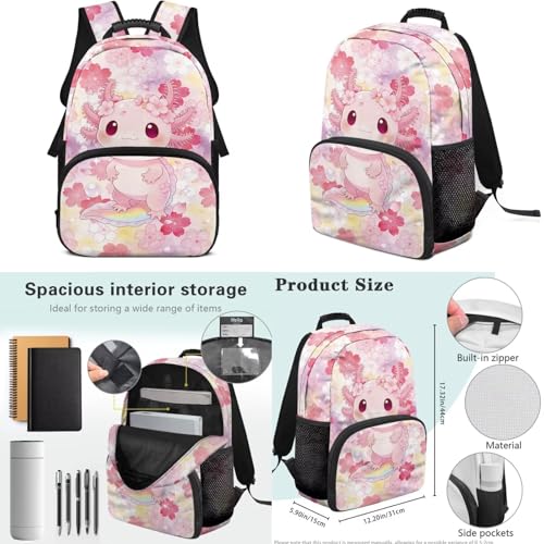 17 Inch Kid's 4PCS Backpack Set, Back to School Essentials | Insulated lunch box, water bottle pouch, pencil case, lightweight, padded shoulder straps, for elementary, middle school - color: Cherry Blossom Axolotl