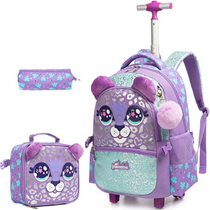 Rolling Backpack for Girls Kids Backpack with Wheels Roller Backpack with Wheels Set for Elementary Students Carry on Luggage Bookbag with Roller - color: Purple