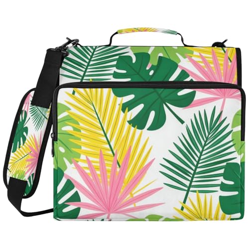 Tropical Palm Leaves Zipper Binder with 2 Inch D-Rings Expandable File Portfolio with Shoulder Strap, Waterproof Nylon Organizer for 14" Laptop for Work College Travel