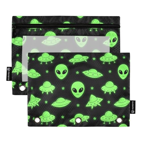 Alien UFO Pencil Pouches for 3 Ring Binder, Zipper Binder Pencil Case, 2 Pack Clear Window Case Bag for Office Organizers - color: Alien Ufo