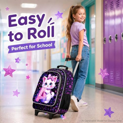 CCJPX 18" Cat Rolling Backpack for Girls, 3Pcs Kids Glow Wheels Bookbag with Lunch Box, Lightweight Roller School Bag for Elementary Preschool (Black) - color: A-star Cat(with Glowing Wheels)