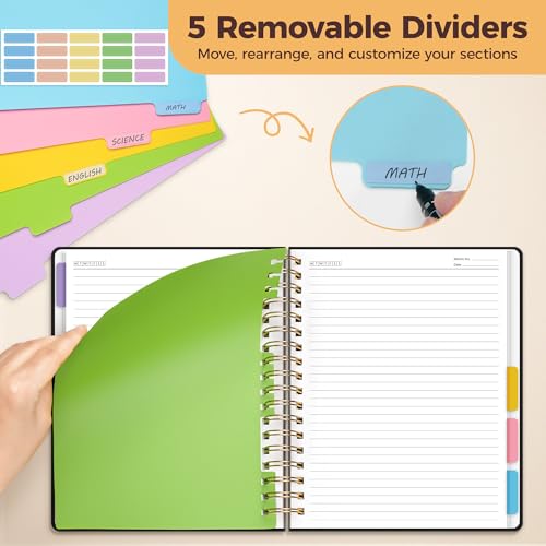 Hardcover Spiral Notebook Journal for Women & Men, Cute 5 Subject Notebook College Ruled for School & Work, Black Journaling Notebooks with Removable Dividers Tabs, 8" x 10", 300 Pages, Night Stars - color: Night Stars