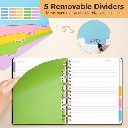 Hardcover Spiral Notebook Journal for Women & Men, Cute 5 Subject Notebook College Ruled for School & Work, Black Journaling Notebooks with Removable Dividers Tabs, 8" x 10", 300 Pages, Night Stars - color: Night Stars