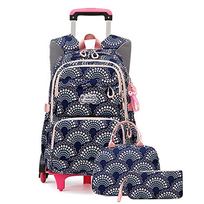 Mfikaryi 3PCS Girls Rolling Backpack Elementary Student Schoolbag Travel Trolley Bag Wheeled Bookbag with Lunch Box - color: 3pcs-black-6 Wheels