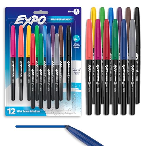 EXPO Wet Erase Markers, Semi-Permanent, Assorted Colors, Fine Tip, 12 Count - For Writing on Glass, Whiteboards, Mirrors, Calendar, Labeling, Organizing - size: 12 Count, style: Fine