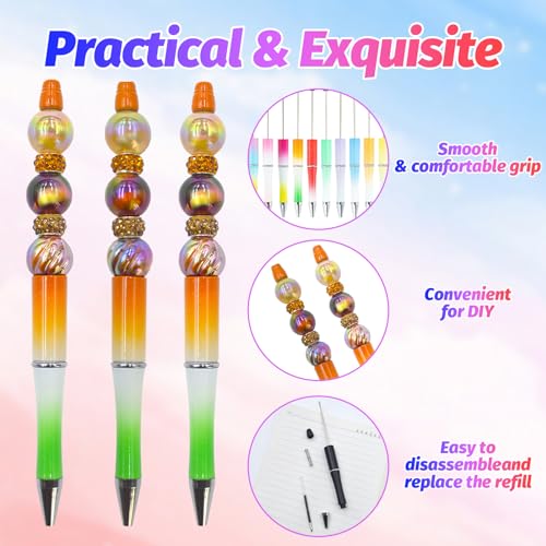 150 Pieces DIY Beadable Pens Kit - 50 plastic Beadable Pens Bulk, Refills & pen bags Included - Beaded Pens Black Ink Ballpoint Cute Pens for Students Teacher（Gradient） - color: Gradient, size: 50