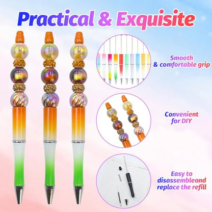 300 Pieces DIY Beadable Pens Kit - 100 plastic Beadable Pens Bulk, Refills & pen bags Included - Beaded Pens Black Ink Ballpoint Cute Pens（Gradient） - color: Gradient, size: 100