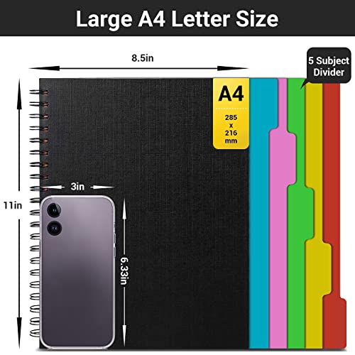 EUSOAR 5 Subject Notebook College Ruled, 1 Pack A4 11" x 8-1/2", 100GSM Line Paper,120 Sheets/ 240 Pages, Thick Hardcover Large Journal Notebooks with Dividers for School Office Note Taking Travel - color: Black, size: A4-1Pack
