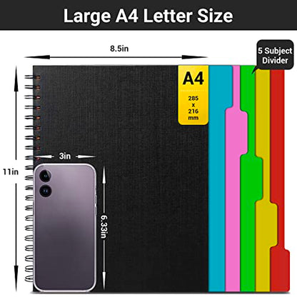 EUSOAR 5 Subject Notebook College Ruled, 1 Pack A4 11" x 8-1/2", 100GSM Line Paper,120 Sheets/ 240 Pages, Thick Hardcover Large Journal Notebooks with Dividers for School Office Note Taking Travel - color: Black, size: A4-1Pack