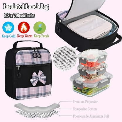 NSEQB Girls Backpack,Kids School Backpack With Lunch Box Pencil Case Set,Cute Childrens Schoolbag For Girls - color: Black-3PCS