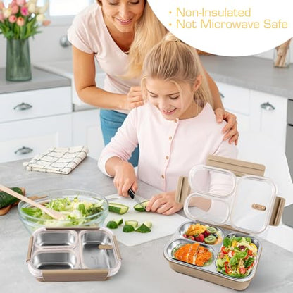 Stainless Steel Lunch Box, 3 Compartments Metal Bento Box for Kids, 25oz Lunch Container with Leakproof Lid, Divided Meal Prep Box for Adults, Kids - Ideal for Office, School, Healthy Eating - color: Mocha Khaki