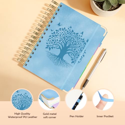 QIYVLOS Hardcover Spiral Notebook, B5 Journal with Removable Dividers Tabs, 5 Subject Notebook College Ruled, 320 Pages 8"x10" Leather Notebooks for Work School Study, Lined Journal for Women, Blue - color: B5/Blue