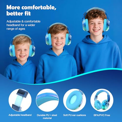 QearFun Kids Bluetooth Headphones, 60H Playtime, 74/85/94dB Safe Volume Limit, Metallic Gradient Wireless Headset with HD Mic, Fast Charging, Foldable, Wired 3.5mm Mode for School/Tablet/Travel - color: Blue