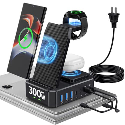 Wireless Charger for Samsung,300W 10 in 1 Wireless Charging Station, 65W USB C Fast Charging Stand for Samsung S25 Ultra/S24/S23/S22/Note 20,Galaxy Watch Ultra7/6/5,Galaxy Buds(Not for Apple Watch) - color: black