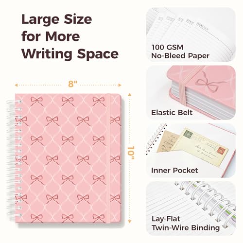 Hardcover Spiral Notebook Journal for Women & Men, Cute 5 Subject Notebook College Ruled for School & Work, Pink Journaling Notebooks with Removable Dividers Tabs, 8" x 10", 300 Pages, Bows - color: Pink Bow