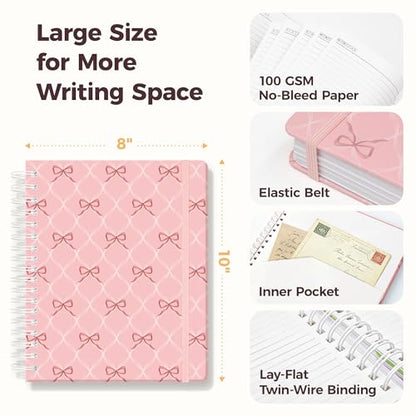Hardcover Spiral Notebook Journal for Women & Men, Cute 5 Subject Notebook College Ruled for School & Work, Pink Journaling Notebooks with Removable Dividers Tabs, 8" x 10", 300 Pages, Bows - color: Pink Bow