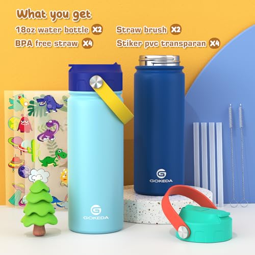 GoKEDA 18oz Kids Water Bottle, 2 Pack Stainless Steel Straw Cup - color: LightBlue Yellow+DarkGreen Blue