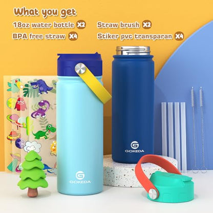 GoKEDA 18oz Kids Water Bottle, 2 Pack Stainless Steel Straw Cup - color: LightBlue Yellow+DarkGreen Blue