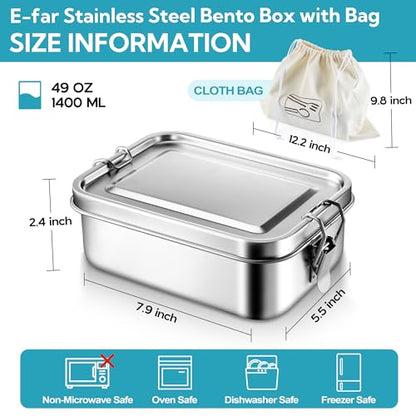 E-far Stainless Steel Lunch Box, 49oz Metal Bento Box Lunchbox w/Leak Proof Lid, 1400ml Medium Food Container w/Removable Divider & Bag, Reusable 3-Compartment Bento Lunch Container for Camping Picnic - size: 1400ML + Cloth bag