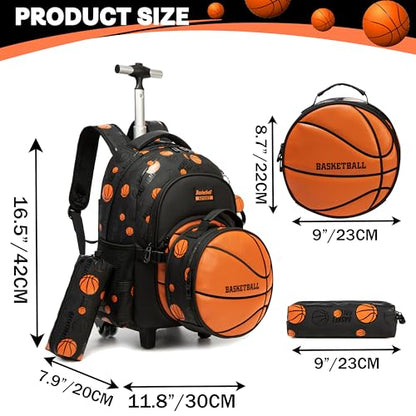 Kids Rolling Backpack Roller Backpack with Wheels Elementary Kindergarten Students Basketball Trolley School Bag for School Boys - color: Orange