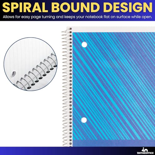 1InTheOffice Spiral Notebook College Ruled, One Subject Spiral Notebook, Spiral Bound Notebook, 10.5" x 8", 3-Hole Punched, 70 Sheets, Assorted Colors, 3 Pack