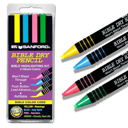 G.T. Luscombe Company, Inc. Bible Dry Highlighting Kit | No Bleed Eco-Friendly Refillable Dry Highlighters | No Sharpening | No Smearing or Fading | Yellow, Blue, Pink, Green (Set of 4)